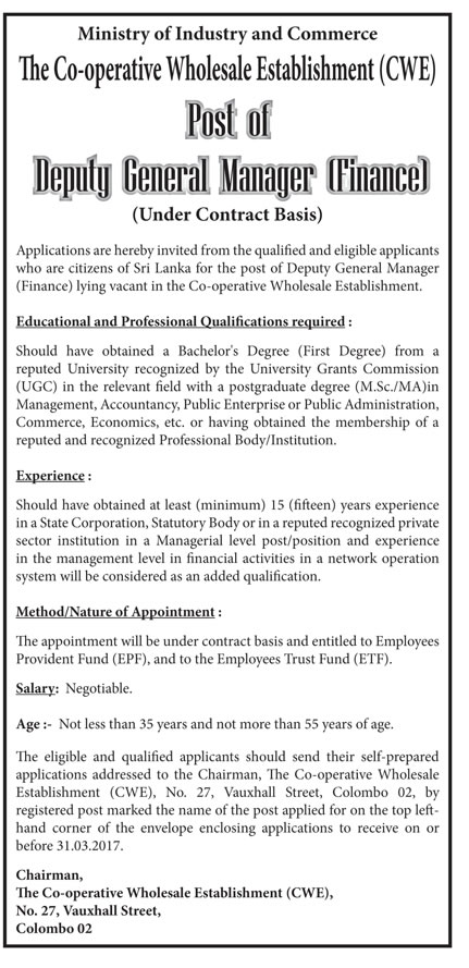 Deputy General Manager (Finance) - Co-operative Wholesale Establishment (CWE)